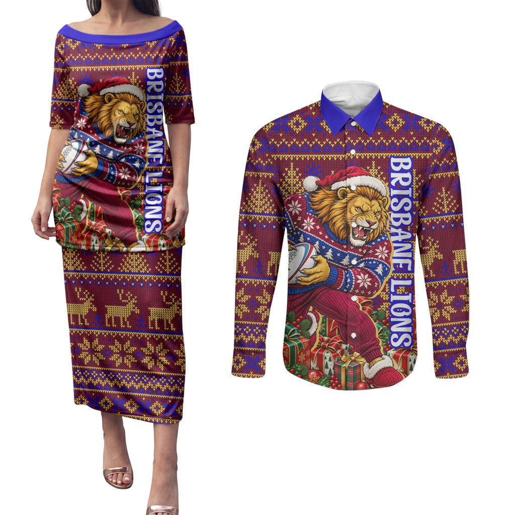 Personalized Brisbane Lions Christmas Couples Matching Puletasi and Long Sleeve Button Shirt Australian Football Mascot - Ugly Xmas Pattern Festive