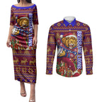 Personalized Brisbane Lions Christmas Couples Matching Puletasi and Long Sleeve Button Shirt Australian Football Mascot - Ugly Xmas Pattern Festive