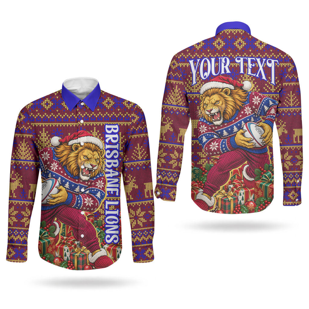 Personalized Brisbane Lions Christmas Couples Matching Puletasi and Long Sleeve Button Shirt Australian Football Mascot - Ugly Xmas Pattern Festive