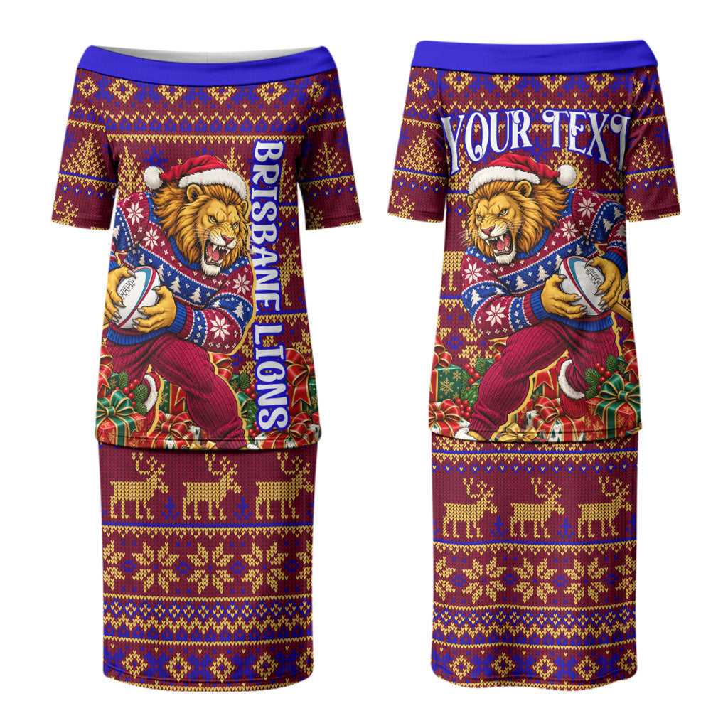 Personalized Brisbane Lions Christmas Couples Matching Puletasi and Long Sleeve Button Shirt Australian Football Mascot - Ugly Xmas Pattern Festive