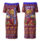 Personalized Brisbane Lions Christmas Couples Matching Puletasi and Long Sleeve Button Shirt Australian Football Mascot - Ugly Xmas Pattern Festive