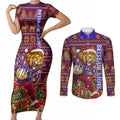 Personalized Brisbane Lions Christmas Couples Matching Short Sleeve Bodycon Dress and Long Sleeve Button Shirt Australian Football Mascot - Ugly Xmas Pattern Festive