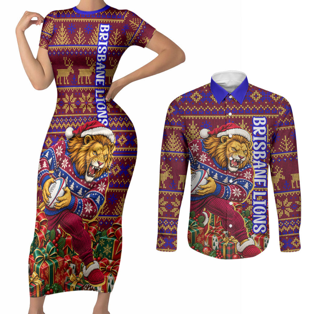 Personalized Brisbane Lions Christmas Couples Matching Short Sleeve Bodycon Dress and Long Sleeve Button Shirt Australian Football Mascot - Ugly Xmas Pattern Festive