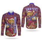 Personalized Brisbane Lions Christmas Couples Matching Short Sleeve Bodycon Dress and Long Sleeve Button Shirt Australian Football Mascot - Ugly Xmas Pattern Festive
