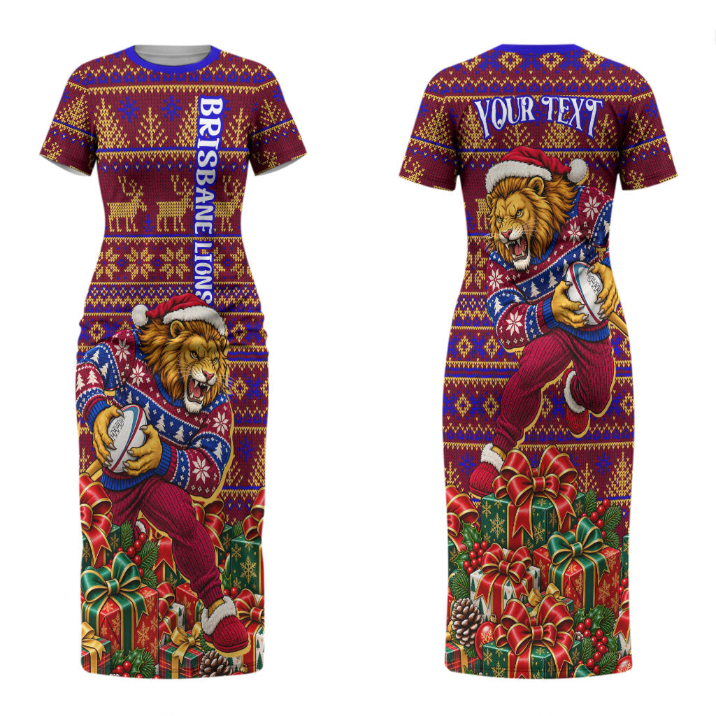 Personalized Brisbane Lions Christmas Couples Matching Short Sleeve Bodycon Dress and Long Sleeve Button Shirt Australian Football Mascot - Ugly Xmas Pattern Festive