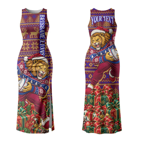 Personalized Brisbane Lions Christmas Couples Matching Tank Maxi Dress and Long Sleeve Button Shirt Australian Football Mascot - Ugly Xmas Pattern Festive