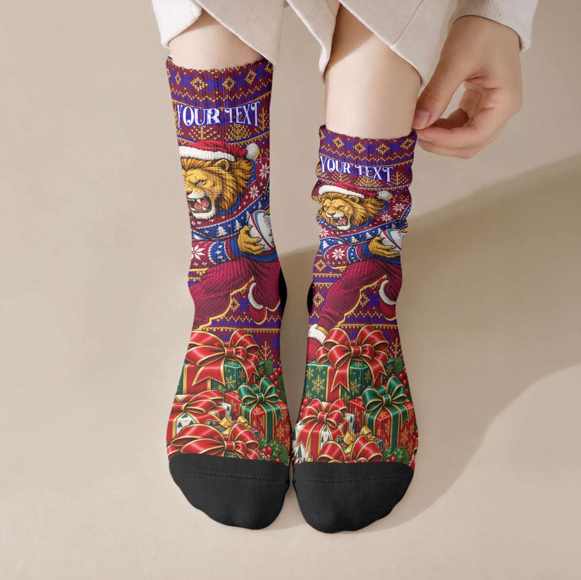 Personalized Brisbane Lions Christmas Crew Socks Australian Football Mascot - Ugly Xmas Pattern Festive