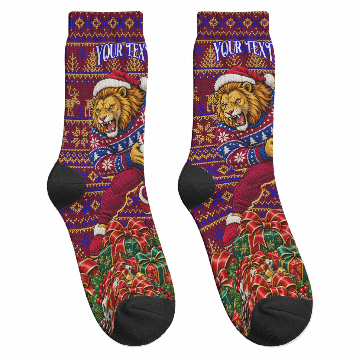 Personalized Brisbane Lions Christmas Crew Socks Australian Football Mascot - Ugly Xmas Pattern Festive