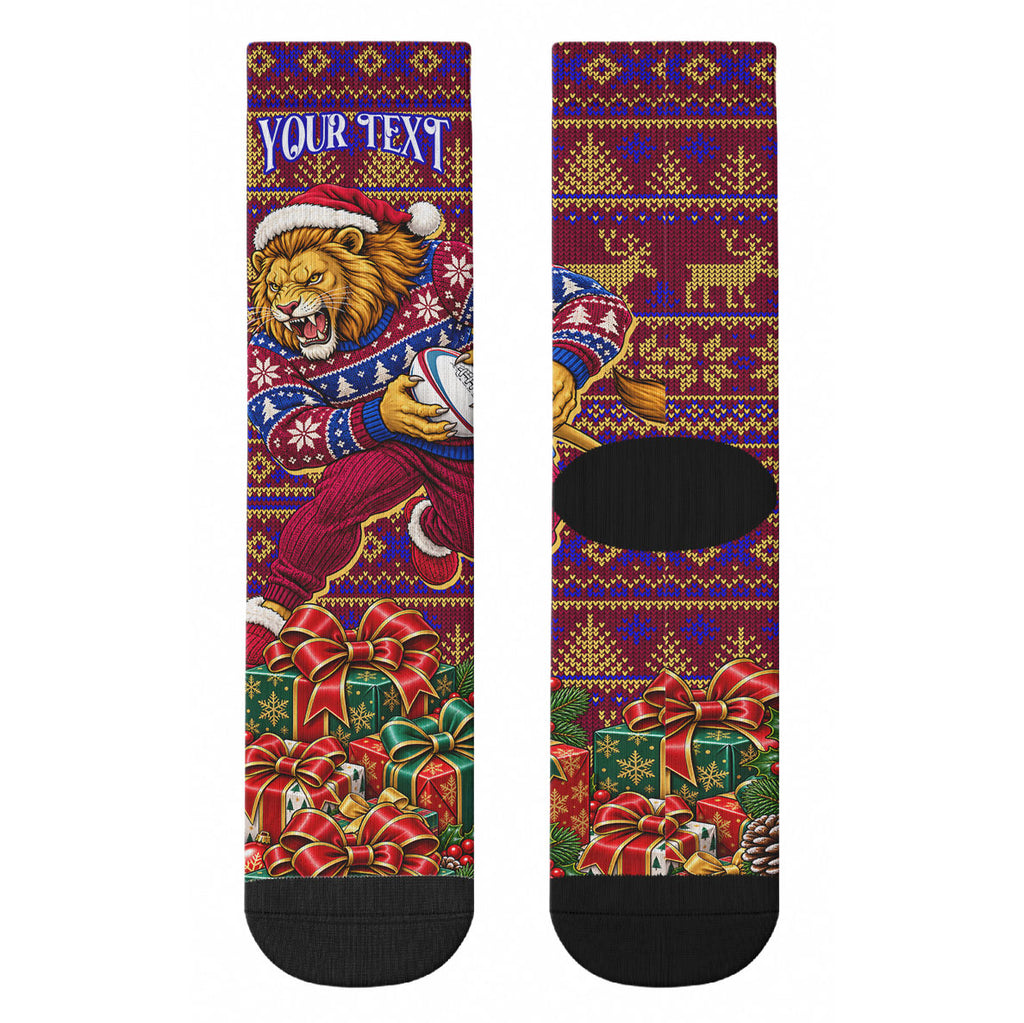 Personalized Brisbane Lions Christmas Crew Socks Australian Football Mascot - Ugly Xmas Pattern Festive