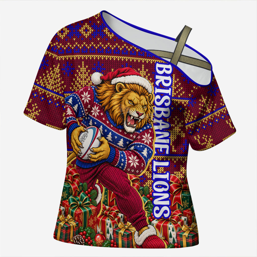 Personalized Brisbane Lions Christmas Cross Shoulder Shirt Australian Football Mascot - Ugly Xmas Pattern Festive