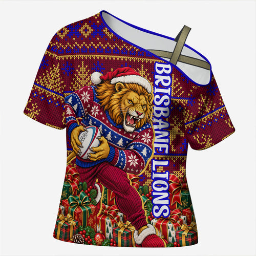 Personalized Brisbane Lions Christmas Cross Shoulder Shirt Australian Football Mascot - Ugly Xmas Pattern Festive
