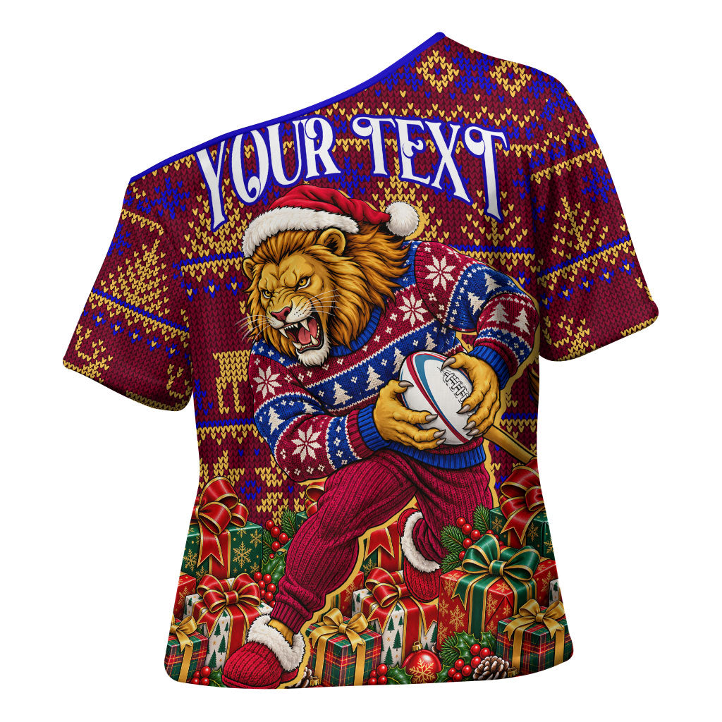 Personalized Brisbane Lions Christmas Cross Shoulder Shirt Australian Football Mascot - Ugly Xmas Pattern Festive