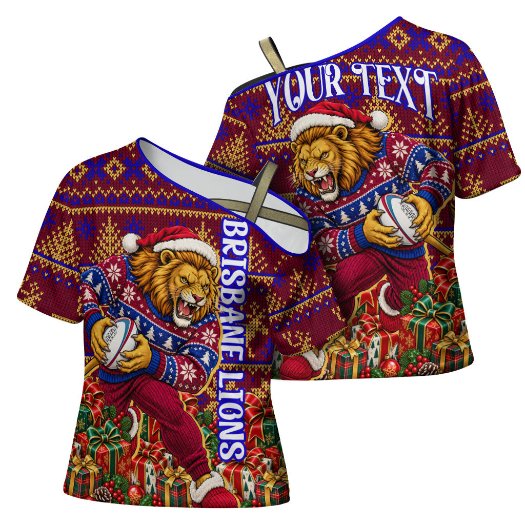 Personalized Brisbane Lions Christmas Cross Shoulder Shirt Australian Football Mascot - Ugly Xmas Pattern Festive