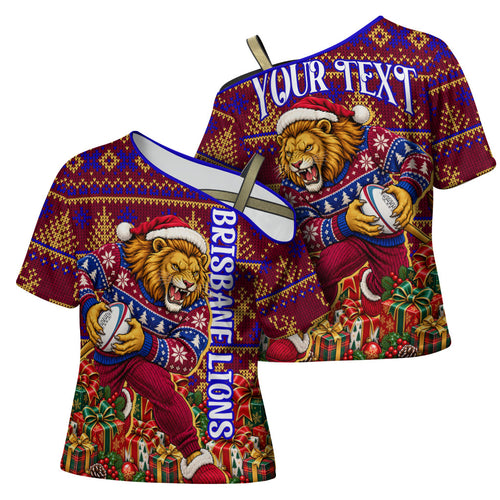 Personalized Brisbane Lions Christmas Cross Shoulder Shirt Australian Football Mascot - Ugly Xmas Pattern Festive