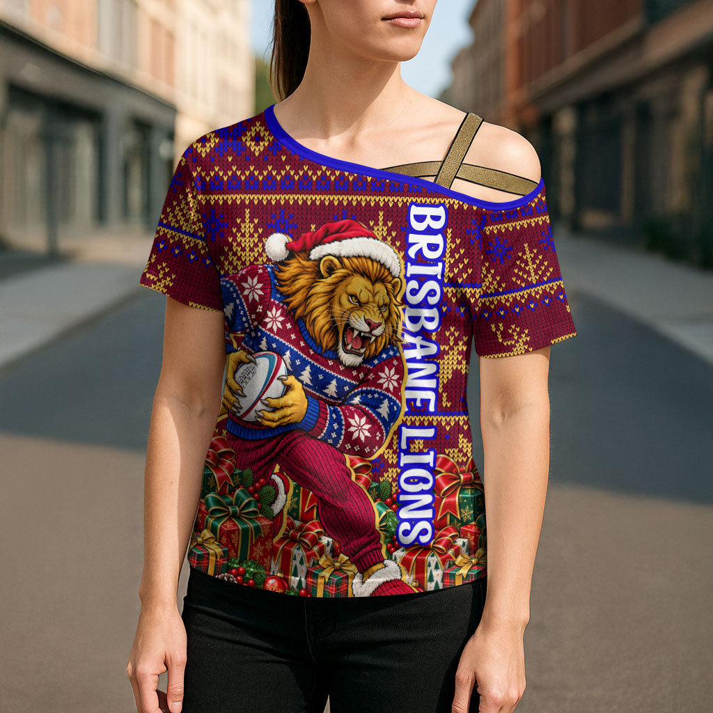 Personalized Brisbane Lions Christmas Cross Shoulder Shirt Australian Football Mascot - Ugly Xmas Pattern Festive