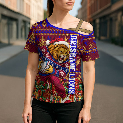 Personalized Brisbane Lions Christmas Cross Shoulder Shirt Australian Football Mascot - Ugly Xmas Pattern Festive