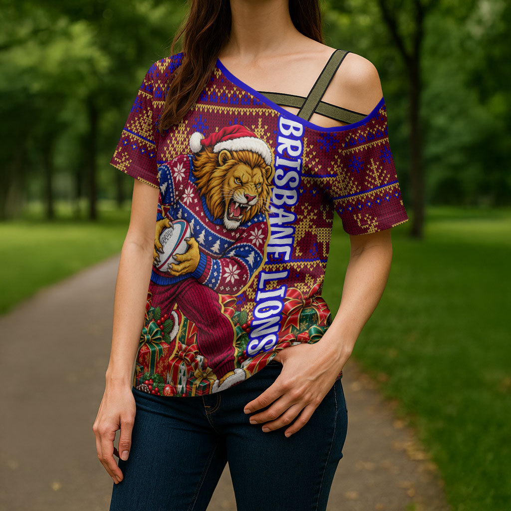 Personalized Brisbane Lions Christmas Cross Shoulder Shirt Australian Football Mascot - Ugly Xmas Pattern Festive