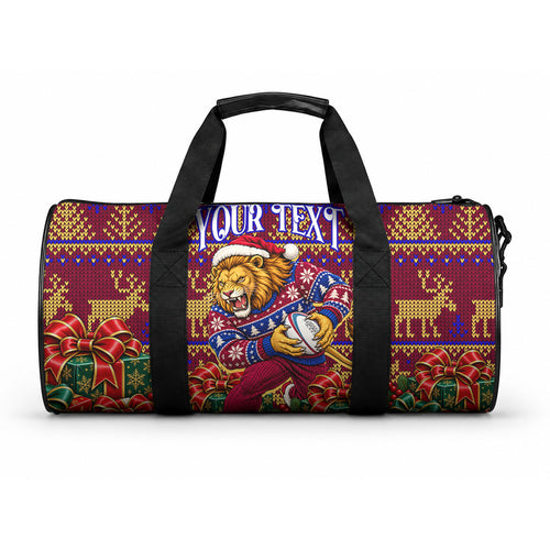 Personalized Brisbane Lions Christmas Duffle Bag Australian Football Mascot - Ugly Xmas Pattern Festive