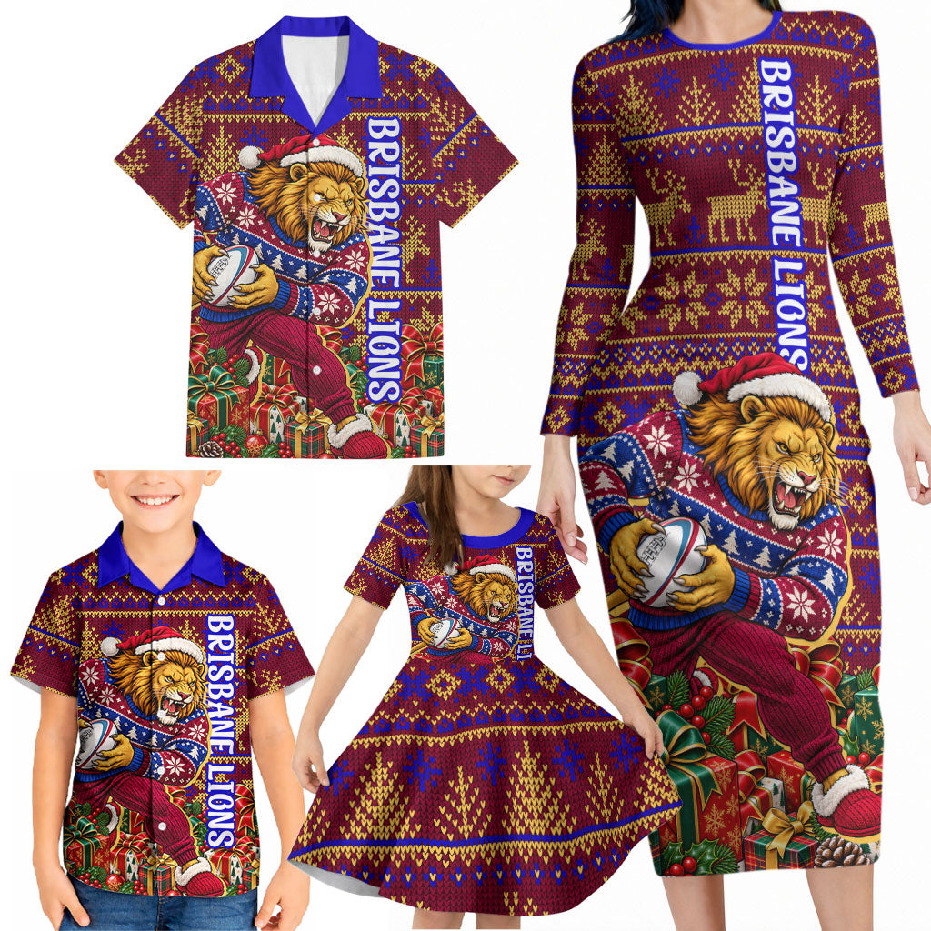 Personalized Brisbane Lions Christmas Family Matching Long Sleeve Bodycon Dress and Hawaiian Shirt Australian Football Mascot - Ugly Xmas Pattern Festive