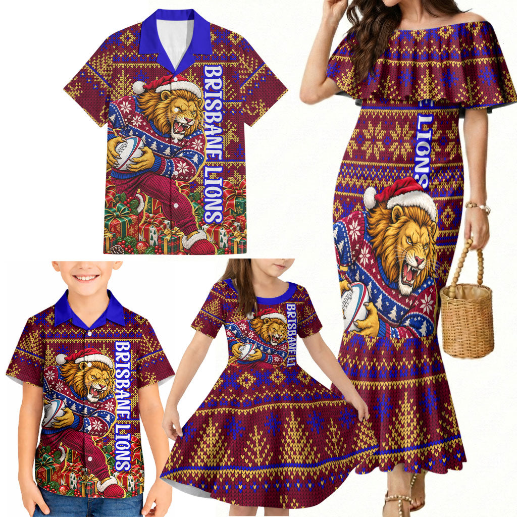 Personalized Brisbane Lions Christmas Family Matching Mermaid Dress and Hawaiian Shirt Australian Football Mascot - Ugly Xmas Pattern Festive