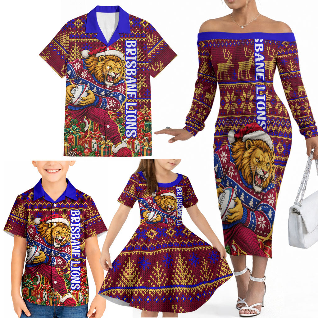 Personalized Brisbane Lions Christmas Family Matching Off The Shoulder Long Sleeve Dress and Hawaiian Shirt Australian Football Mascot - Ugly Xmas Pattern Festive