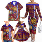 Personalized Brisbane Lions Christmas Family Matching Off The Shoulder Long Sleeve Dress and Hawaiian Shirt Australian Football Mascot - Ugly Xmas Pattern Festive