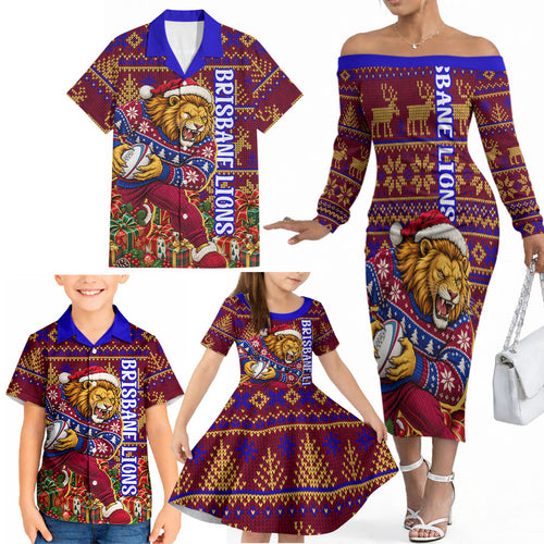 Personalized Brisbane Lions Christmas Family Matching Off The Shoulder Long Sleeve Dress and Hawaiian Shirt Australian Football Mascot - Ugly Xmas Pattern Festive