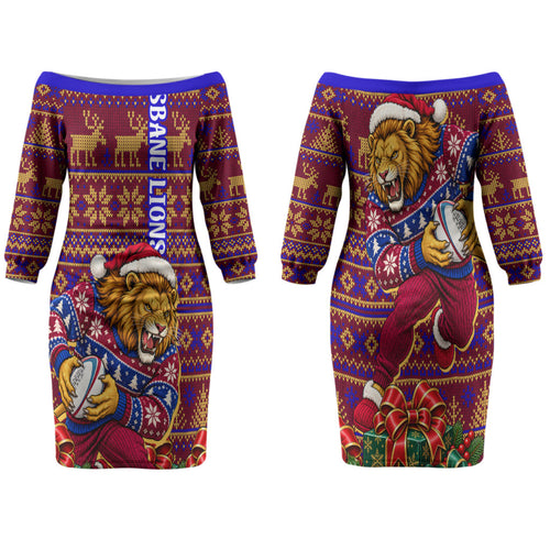 Personalized Brisbane Lions Christmas Family Matching Off The Shoulder Long Sleeve Dress and Hawaiian Shirt Australian Football Mascot - Ugly Xmas Pattern Festive