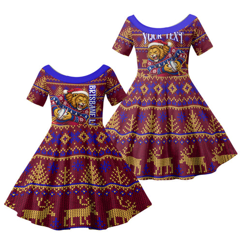 Personalized Brisbane Lions Christmas Family Matching Off The Shoulder Long Sleeve Dress and Hawaiian Shirt Australian Football Mascot - Ugly Xmas Pattern Festive