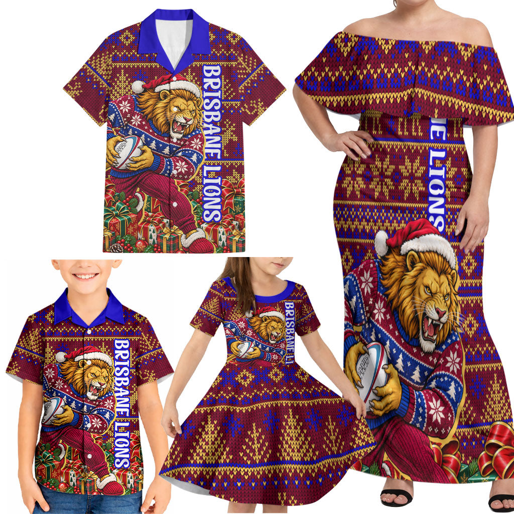 Personalized Brisbane Lions Christmas Family Matching Off Shoulder Maxi Dress and Hawaiian Shirt Australian Football Mascot - Ugly Xmas Pattern Festive