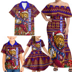 Personalized Brisbane Lions Christmas Family Matching Off Shoulder Maxi Dress and Hawaiian Shirt Australian Football Mascot - Ugly Xmas Pattern Festive