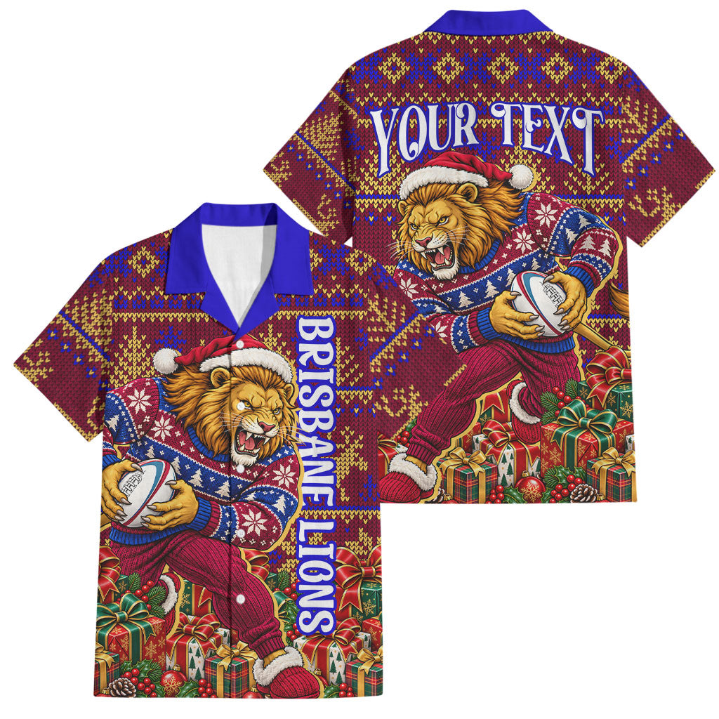 Personalized Brisbane Lions Christmas Family Matching Off Shoulder Maxi Dress and Hawaiian Shirt Australian Football Mascot - Ugly Xmas Pattern Festive