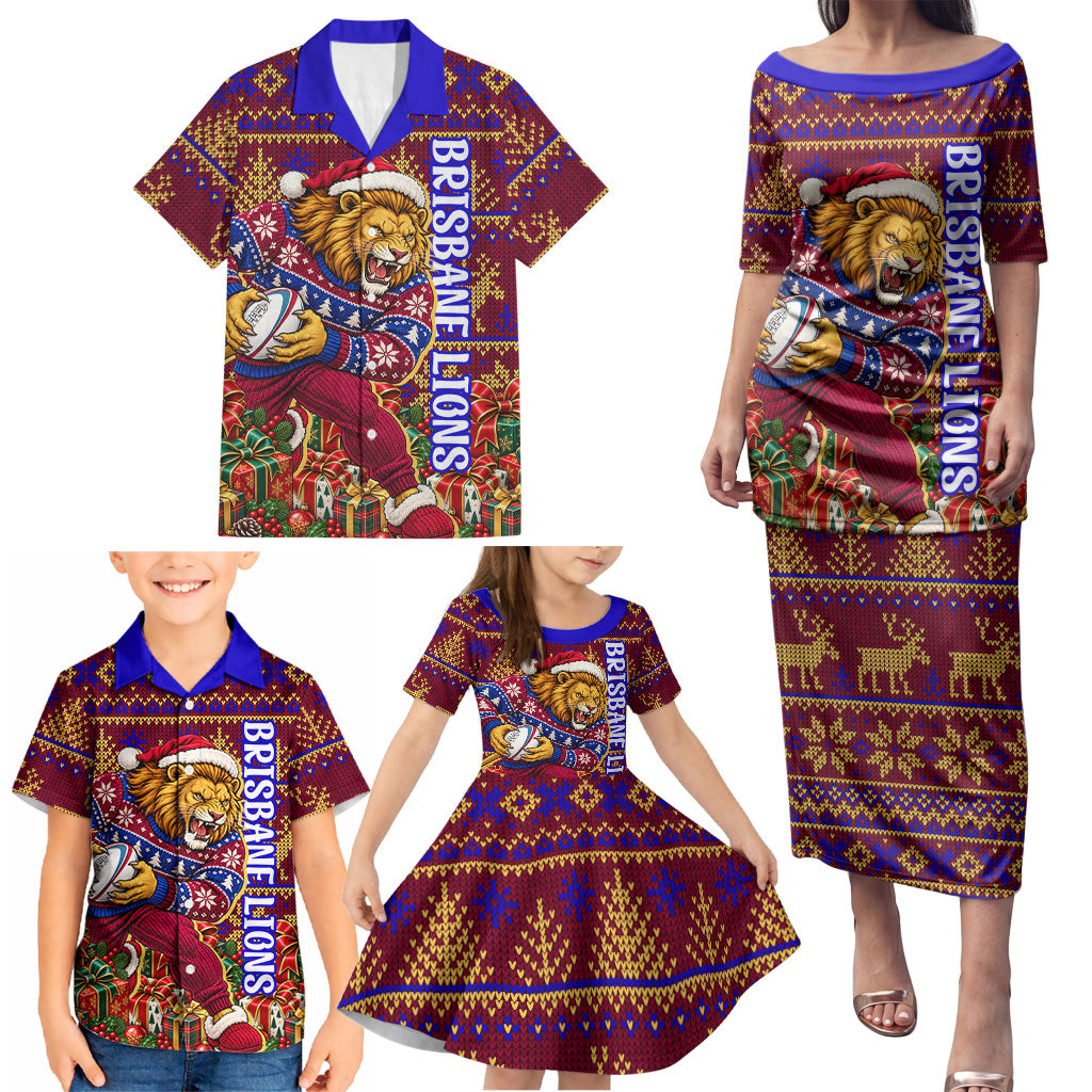 Personalized Brisbane Lions Christmas Family Matching Puletasi and Hawaiian Shirt Australian Football Mascot - Ugly Xmas Pattern Festive