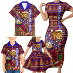 Personalized Brisbane Lions Christmas Family Matching Short Sleeve Bodycon Dress and Hawaiian Shirt Australian Football Mascot - Ugly Xmas Pattern Festive