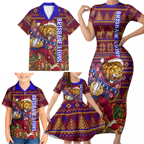 Personalized Brisbane Lions Christmas Family Matching Short Sleeve Bodycon Dress and Hawaiian Shirt Australian Football Mascot - Ugly Xmas Pattern Festive