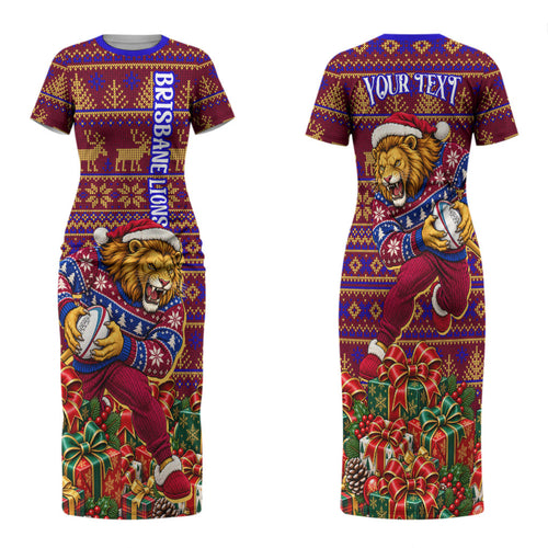 Personalized Brisbane Lions Christmas Family Matching Short Sleeve Bodycon Dress and Hawaiian Shirt Australian Football Mascot - Ugly Xmas Pattern Festive