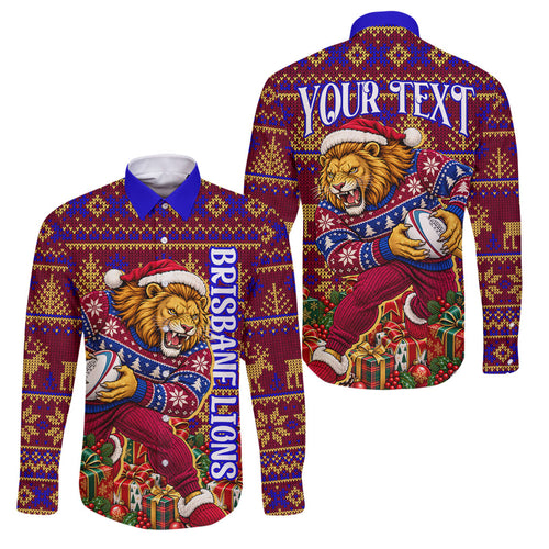 Personalized Brisbane Lions Christmas Family Matching Short Sleeve Bodycon Dress and Hawaiian Shirt Australian Football Mascot - Ugly Xmas Pattern Festive