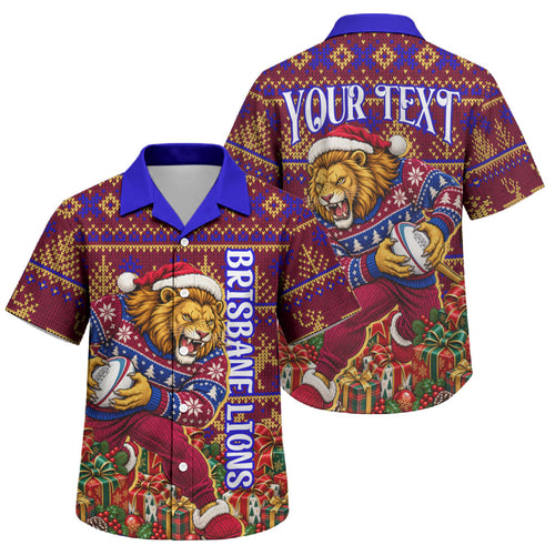 Personalized Brisbane Lions Christmas Family Matching Short Sleeve Bodycon Dress and Hawaiian Shirt Australian Football Mascot - Ugly Xmas Pattern Festive