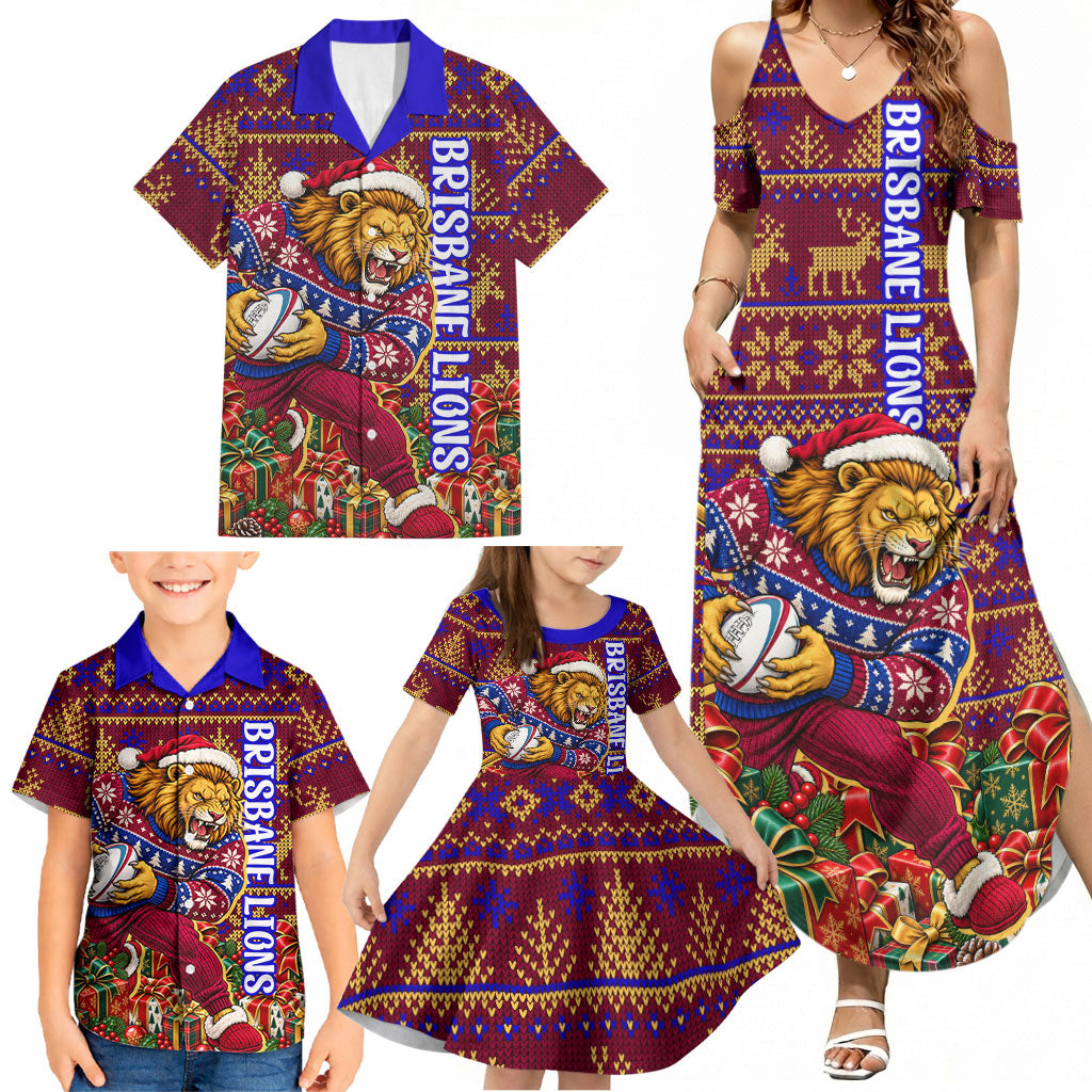 Personalized Brisbane Lions Christmas Family Matching Summer Maxi Dress and Hawaiian Shirt Australian Football Mascot - Ugly Xmas Pattern Festive