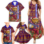 Personalized Brisbane Lions Christmas Family Matching Summer Maxi Dress and Hawaiian Shirt Australian Football Mascot - Ugly Xmas Pattern Festive