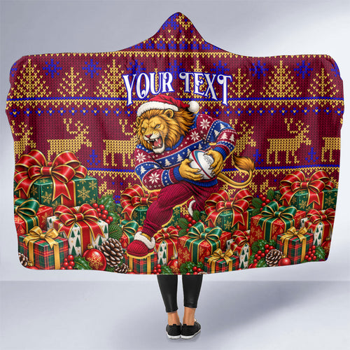 Personalized Brisbane Lions Christmas Hooded Blanket Australian Football Mascot - Ugly Xmas Pattern Festive