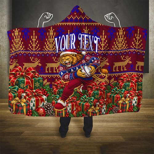 Personalized Brisbane Lions Christmas Hooded Blanket Australian Football Mascot - Ugly Xmas Pattern Festive