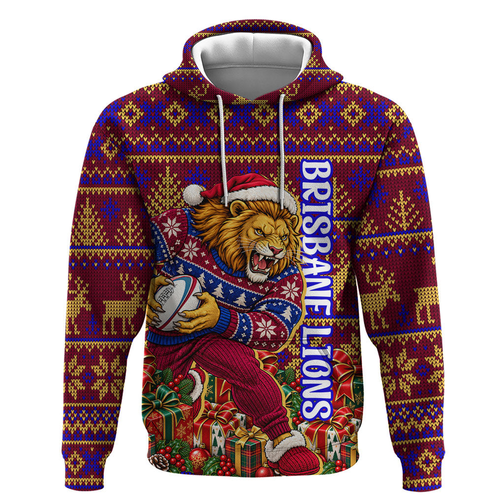 Personalized Brisbane Lions Christmas Hoodie Australian Football Mascot - Ugly Xmas Pattern Festive