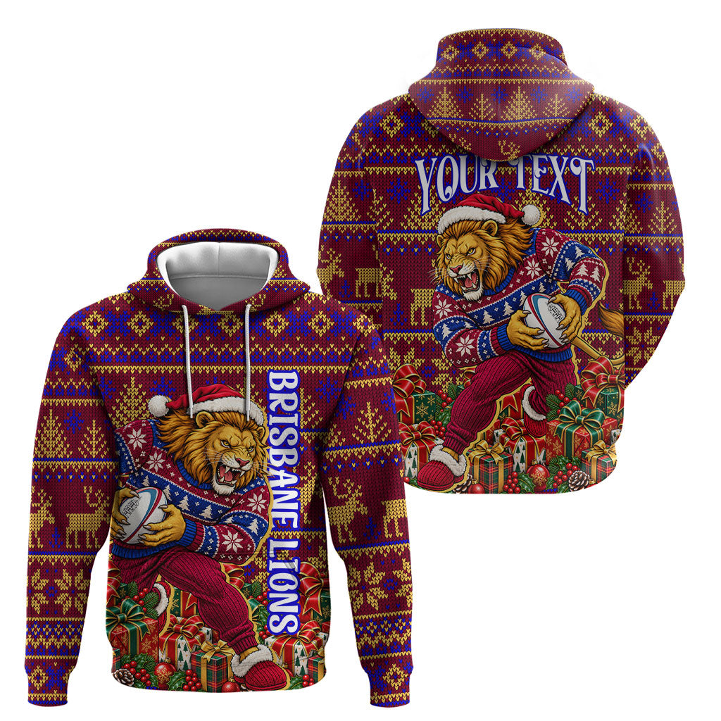 Personalized Brisbane Lions Christmas Hoodie Australian Football Mascot - Ugly Xmas Pattern Festive