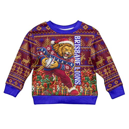 Personalized Brisbane Lions Christmas Kid Ugly Christmas Sweater Australian Football Mascot - Ugly Xmas Pattern Festive