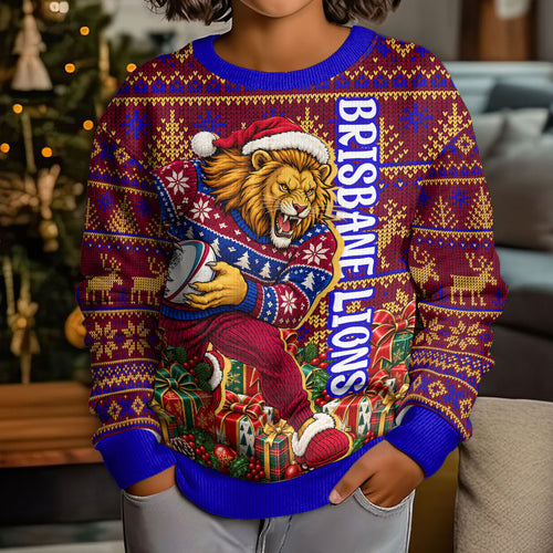 Personalized Brisbane Lions Christmas Kid Ugly Christmas Sweater Australian Football Mascot - Ugly Xmas Pattern Festive