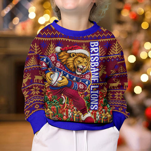 Personalized Brisbane Lions Christmas Kid Ugly Christmas Sweater Australian Football Mascot - Ugly Xmas Pattern Festive