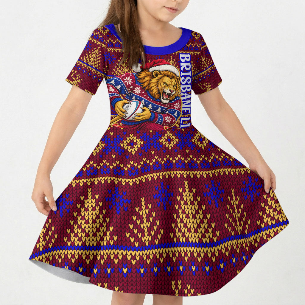 Personalized Brisbane Lions Christmas Kid Short Sleeve Dress Australian Football Mascot - Ugly Xmas Pattern Festive