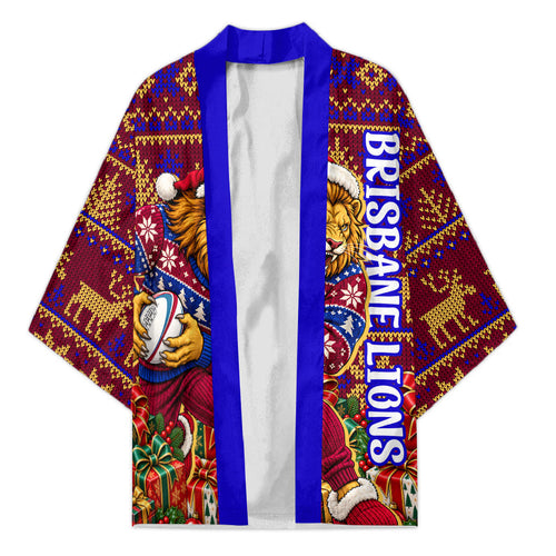 Personalized Brisbane Lions Christmas Kimono Australian Football Mascot - Ugly Xmas Pattern Festive