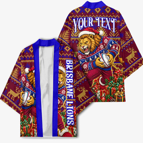 Personalized Brisbane Lions Christmas Kimono Australian Football Mascot - Ugly Xmas Pattern Festive